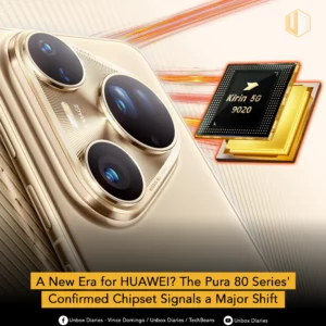 A promotional image for the HUAWEI Pura 80 series, showing the phone's camera module and a Kirin 5G 9020 chipset.