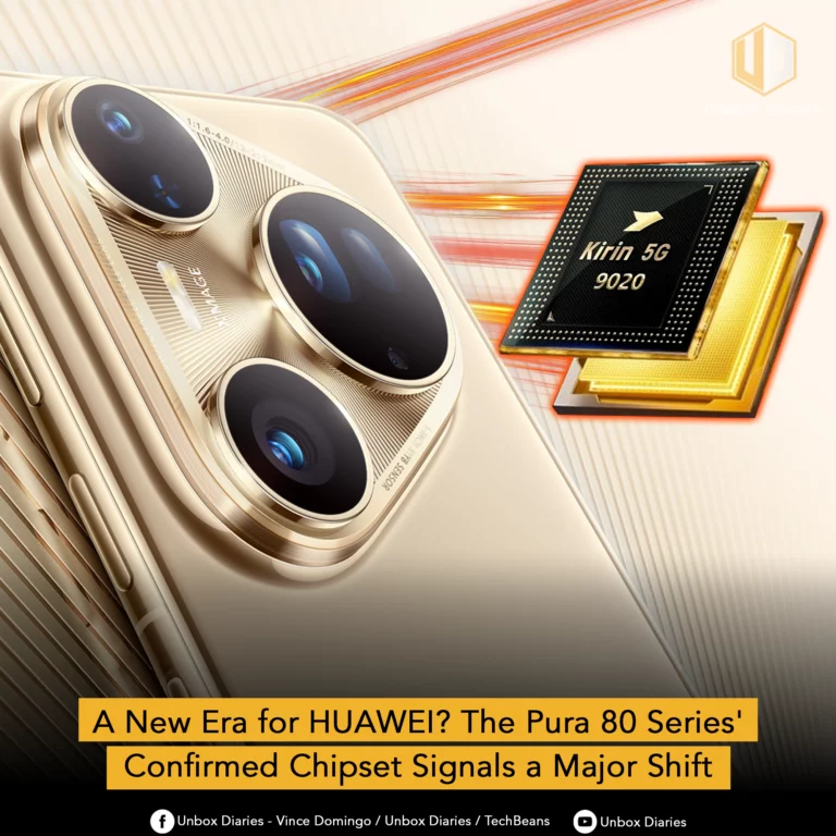 A promotional image for the HUAWEI Pura 80 series, showing the phone's camera module and a Kirin 5G 9020 chipset.