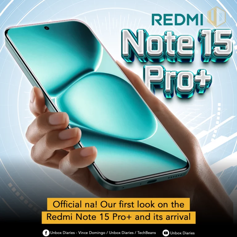 A hand holds the new Redmi Note 15 Pro+ smartphone, showcasing its sleek design and curved display. The large 3D text "REDMI Note 15 Pro+" is visible above the phone. A yellow bar at the bottom contains the text "Official na! Our first look on the Redmi Note 15 Pro+ and its arrival," along with social media handles.