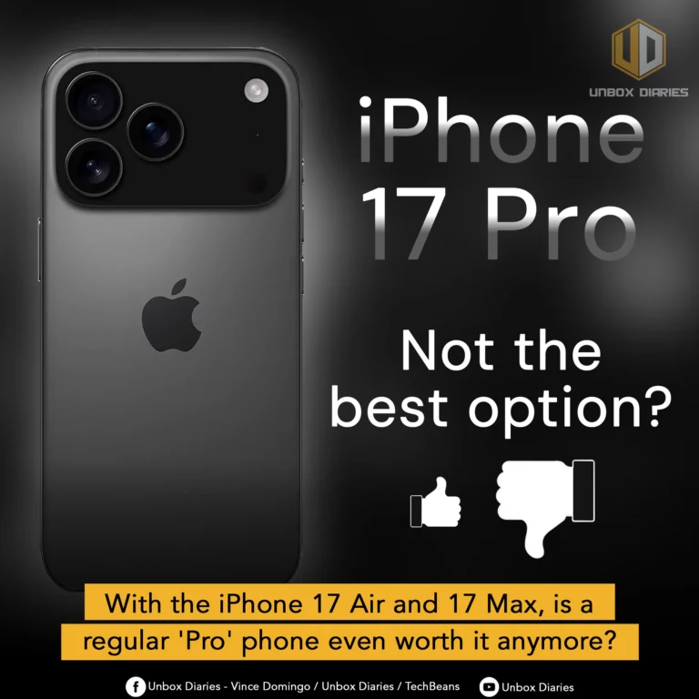 A graphic titled "iPhone 17 Pro Not the best option?" which shows a dark gray phone with a large, square camera module. The graphic includes a thumbs-up and a thumbs-down icon and a banner at the bottom that reads, "With the iPhone 17 Air and 17 Max, is a regular 'Pro' phone even worth it anymore?".