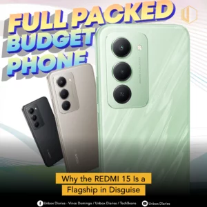 A graphic for a product review, titled "FULL PACKED BUDGET PHONE" in large, stylized blue and purple text. The image features three smartphones in different colors—black, beige/silver, and light green—positioned at a slight angle. The light green phone, in the foreground, is the most prominent, showcasing its triple camera setup and the text "INNOVATIVE AI CAMERA" near the lenses. The beige and black phones are partially visible behind it. A yellow text box at the bottom of the image asks, "Why the REDMI 15 is a Flagship in Disguise." The bottom of the graphic includes social media handles and channel names: "Unbox Diaries - Vince Domingo / Unbox Diaries / TechBeans" and "Unbox Diaries" with corresponding Facebook and YouTube icons. The logo "UNBOX DIARIES" is also subtly placed in the top right corner.