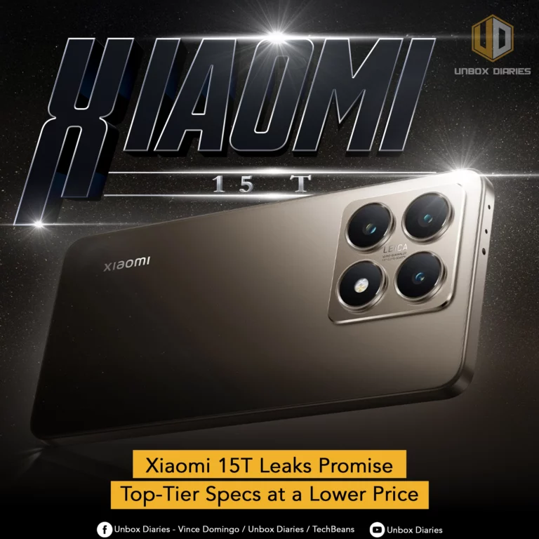 A product leak graphic featuring a smartphone. The image is on a dark, dramatic background with bright, glowing lights behind the phone. The phone itself is a dark metallic color, shown from a slightly elevated angle to highlight the camera module. The camera array is prominent, featuring four lenses and a "LEICA" branding in the center, arranged in a large square within a circular black element. Large, stylized silver text at the top reads "XIAOMI" with a smaller "15 T" below it. A yellow banner at the bottom contains the text "Xiaomi 15T Leaks Promise Top-Tier Specs at a Lower Price." The bottom of the graphic includes social media handles and channel names: "Unbox Diaries - Vince Domingo / Unbox Diaries / TechBeans" and "Unbox Diaries" with corresponding Facebook and YouTube icons. The "Unbox Diaries" logo is also in the top right corner.