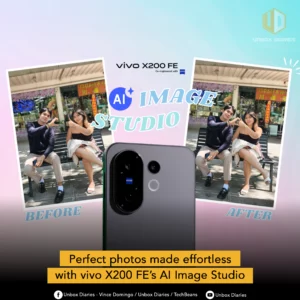 A promotional graphic for the vivo X200 FE and its "AI Image Studio" feature. The image displays a side-by-side "before" and "after" comparison of a photo taken with the phone, showing a man and a woman sitting on a bench. The "after" image has enhanced colors and contrast. The camera module of the vivo X200 FE and the logo for "Unbox Diaries" are also included. The text "Perfect photos made effortless with vivo X200 FE's AI Image Studio" is prominently displayed at the bottom.