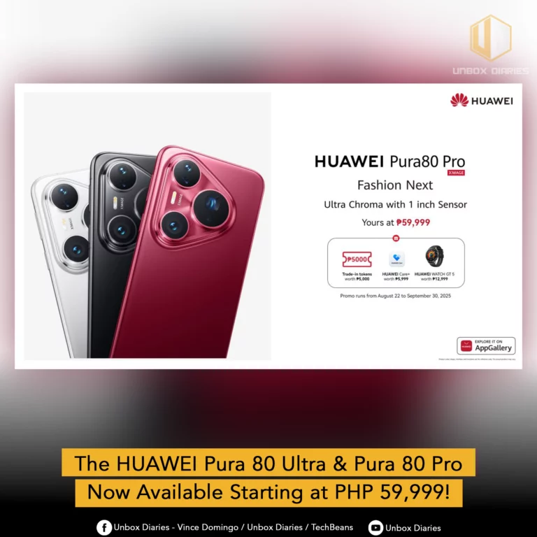 A promotional graphic for the HUAWEI Pura 80 series. The left side shows three HUAWEI Pura 80 Pro smartphones in white, black, and red, angled to show their camera modules. The right side lists features like "Fashion Next" and "Ultra Chroma with 1 inch Sensor" along with the price of P59,999 and icons for freebies. A gold banner at the bottom reads "The HUAWEI Pura 80 Ultra & Pura 80 Pro Now Available Starting at PHP 59,999!".