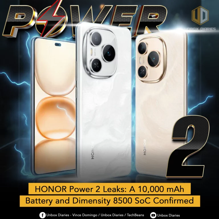 A dynamic, dark-themed graphic for a product leak, featuring the title "POWER" in large, metallic, 3D text with a red lightning bolt symbol over it. The number "2" in the same metallic style is placed prominently in the bottom right corner. The background is a dark void with bright lightning streaks. Three smartphones are displayed at an angle, representing the "HONOR Power 2" phone. From left to right: Front view: A phone showing a full screen with a light orange and white abstract wallpaper and a centered pill-shaped punch-hole camera. Back view (white): A phone with a white, marbled-patterned back and a large circular camera module with a silver bezel. Back view (gold): A phone with a light gold, textured back and a large circular camera module with a matching gold bezel. A yellow banner at the bottom contains the text: "HONOR Power 2 Leaks: A 10,000 mAh Battery and Dimensity 8500 SoC Confirmed." The bottom of the graphic includes social media handles and channel names: "Unbox Diaries - Vince Domingo / Unbox Diaries / TechBeans" and "Unbox Diaries" with corresponding Facebook and YouTube icons. The "Unbox Diaries" logo is also in the top right corner.