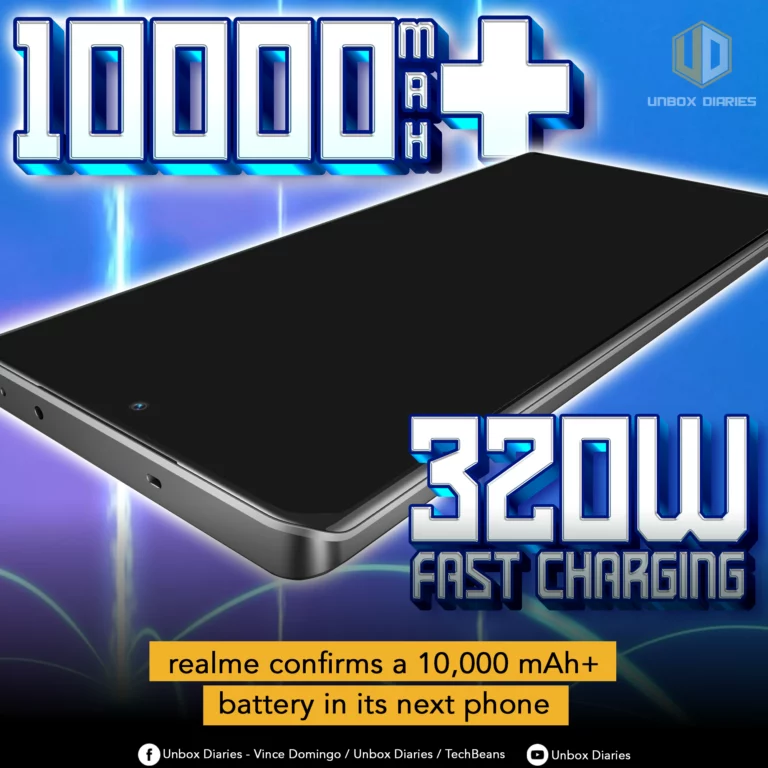 A graphic promoting a new Realme phone. The image has a dark, futuristic background with glowing light streaks. The main focus is a black, rectangular smartphone with a solid, dark screen, shown from a low, angled perspective. Large, metallic, 3D text at the top reads "10000+ mAh" with a plus sign. To the right of the phone, another large, metallic text reads "320W FAST CHARGING." A yellow banner at the bottom contains the text "realme confirms a 10,000 mAh+ battery in its next phone." The bottom of the graphic includes social media handles and channel names: "Unbox Diaries - Vince Domingo / Unbox Diaries / TechBeans" and "Unbox Diaries" with corresponding Facebook and YouTube icons. The "Unbox Diaries" logo is also in the top right corner.