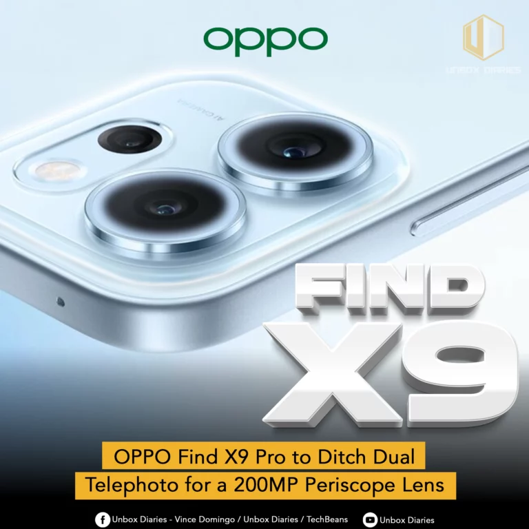 A news or leak graphic with a close-up, high-angle shot of the camera module on the back of a light-colored OPPO smartphone. The camera module is a metallic silver oval, containing two large circular lenses with shiny bezels and a smaller third lens. The "AI CAMERA" text is visible in reverse near the flash. In the bottom right, large, metallic 3D text reads "FIND" and a much larger "X9." The "oppo" logo is at the top center, and the "Unbox Diaries" logo is in the top right corner. A yellow banner at the bottom contains the text: "OPPO Find X9 Pro to Ditch Dual Telephoto for a 200MP Periscope Lens." The bottom of the graphic includes social media handles and channel names: "Unbox Diaries - Vince Domingo / Unbox Diaries / TechBeans" and "Unbox Diaries" with corresponding Facebook and YouTube icons.