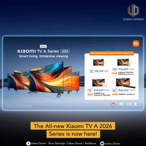 An advertisement from Unbox Diaries promoting the new Xiaomi TV A 2026 Series, which highlights the early bird promo prices for the 32-inch, 43-inch, 55-inch, and 65-inch models, along with their respective free gifts. The image also states "Smart living, immersive viewing" and "The All-new Xiaomi TV A 2026 Series is now here!"