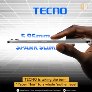 A promotional image for the Tecno Spark Slim. A hand holds the phone, emphasizing its ultra-thin profile, with a measurement of "5.95mm" and the name "SPARK SLIM" floating above it. The background is a grid, suggesting a tech-focused design. The bottom text reads, "TECNO is taking the term 'Paper Thin' to a whole 'nother level."