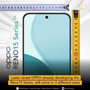 A leak-style image of the Oppo Reno15 Series. The top half of a smartphone is shown in a measuring tape with the text "oppo RENO15 Series 5G". The display has a single punch-hole camera. The bottom text reads, "Leaks reveal OPPO already developing the Reno15 Series, will come in 3 different sizes."
