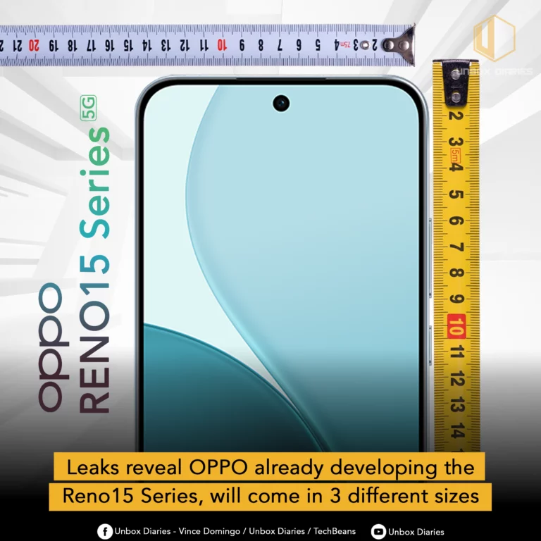A leak-style image of the Oppo Reno15 Series. The top half of a smartphone is shown in a measuring tape with the text "oppo RENO15 Series 5G". The display has a single punch-hole camera. The bottom text reads, "Leaks reveal OPPO already developing the Reno15 Series, will come in 3 different sizes."