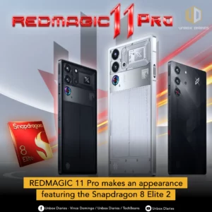 An advertisement for the Redmagic 11 Pro. The image shows three versions of the phone: a transparent-style model in the center, flanked by two black models. A logo for the Snapdragon 8 Elite 2 processor is also shown. The text "REDMAGIC 11 Pro makes an appearance featuring the Snapdragon 8 Elite 2" is at the bottom.
