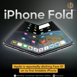 A digital render shows a concept for an iPhone Fold, a foldable smartphone. The device is shown partially folded, resembling an open book. The screens are displaying the iOS home screen with app icons, and a large wallpaper of Earth is visible on the right screen. A yellow banner at the bottom of the image reads, "Apple is reportedly ditching Face ID on its first foldable iPhone." The logo for "Unbox Diaries" is in the top right corner and also appears with social media handles at the very bottom.
