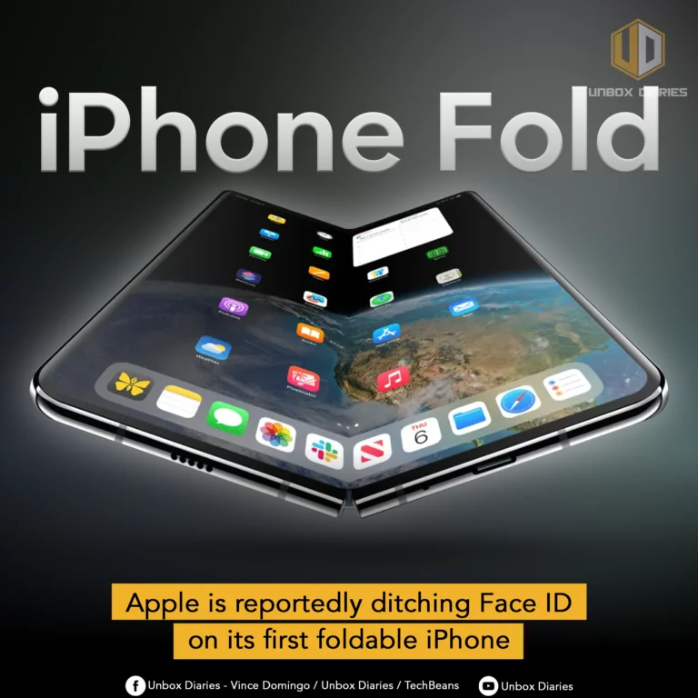 A digital render shows a concept for an iPhone Fold, a foldable smartphone. The device is shown partially folded, resembling an open book. The screens are displaying the iOS home screen with app icons, and a large wallpaper of Earth is visible on the right screen. A yellow banner at the bottom of the image reads, "Apple is reportedly ditching Face ID on its first foldable iPhone." The logo for "Unbox Diaries" is in the top right corner and also appears with social media handles at the very bottom.
