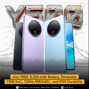 A high-resolution product shot features four Vivo Y500 smartphones in a diagonal line, angled to show their backs. From left to right, the phones are in charcoal gray, lilac, and light blue. A fourth phone, partially visible on the far right, shows its front screen with a vibrant blue and white wallpaper. The phones have a large circular camera module on the back. The title "Y500" is prominently displayed in large, metallic 3D letters behind the phones. A yellow banner at the bottom of the image lists key specifications: "vivo Y500: 8,200 mAh Battery, Dimensity 7300 SoC, 120Hz AMOLED, and IP69 Durability." The logo and social media handles for "Unbox Diaries" are visible in the top right and bottom left of the image.