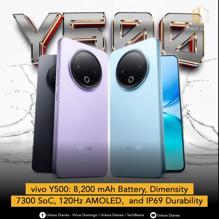 A high-resolution product shot features four Vivo Y500 smartphones in a diagonal line, angled to show their backs. From left to right, the phones are in charcoal gray, lilac, and light blue. A fourth phone, partially visible on the far right, shows its front screen with a vibrant blue and white wallpaper. The phones have a large circular camera module on the back. The title "Y500" is prominently displayed in large, metallic 3D letters behind the phones. A yellow banner at the bottom of the image lists key specifications: "vivo Y500: 8,200 mAh Battery, Dimensity 7300 SoC, 120Hz AMOLED, and IP69 Durability." The logo and social media handles for "Unbox Diaries" are visible in the top right and bottom left of the image.