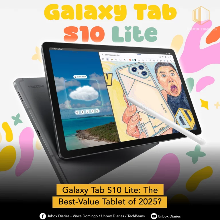 A graphic advertises the Samsung Galaxy Tab S10 Lite. The image features a gray tablet, partially visible, with a second tablet positioned on top of it. The top tablet's screen displays a split-screen view. On the left side is a photo of a beach and a cloud. On the right side is a digital drawing of a person's face with a surprised expression and a hand holding a stylized smartphone with a transparent case. A white S Pen stylus is shown hovering over the screen. The text "Galaxy Tab S10 Lite" is at the top in large, playful yellow and pink bubble letters. A yellow banner at the bottom of the image asks, "Galaxy Tab S10 Lite: The Best-Value Tablet of 2025?" The background is a mix of abstract shapes in yellow, pink, and green. The "Unbox Diaries" logo is in the top right corner and at the very bottom of the image.