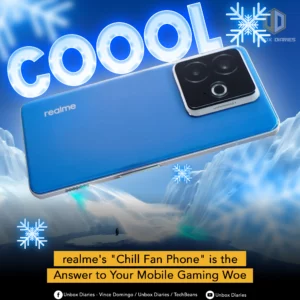 A digital render shows a blue Realme Chill Fan Phone smartphone floating above a snowy, icy landscape with a small penguin. The phone has a distinctive black camera module with two large lenses on the top left of its back. The word "COOOL" is written in large, glowing blue letters above the phone, and stylized snowflakes are scattered around the image. A yellow banner at the bottom of the image reads: "realme's 'Chill Fan Phone' is the Answer to Your Mobile Gaming Woe." The logo and social media handles for "Unbox Diaries" are in the top right and at the bottom.