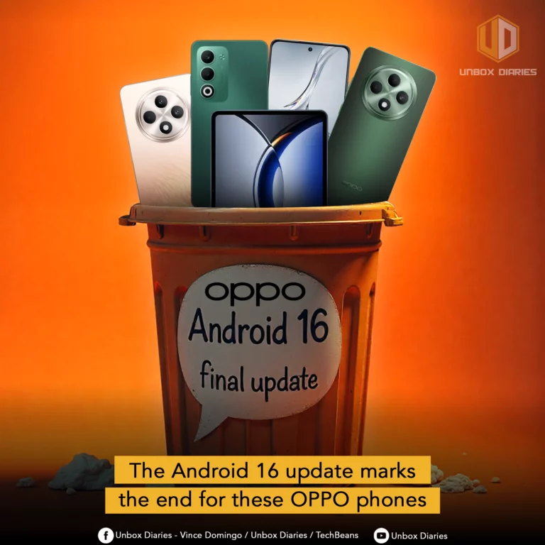 A brown trash bin is overflowing with several OPPO smartphones of different colors and models, including white, green, and a folded device. A thought bubble on the bin says "OPPO Android 16 final update." At the bottom, a yellow banner reads "The Android 16 update marks the end for these OPPO phones." The background is a gradient of orange and brown.