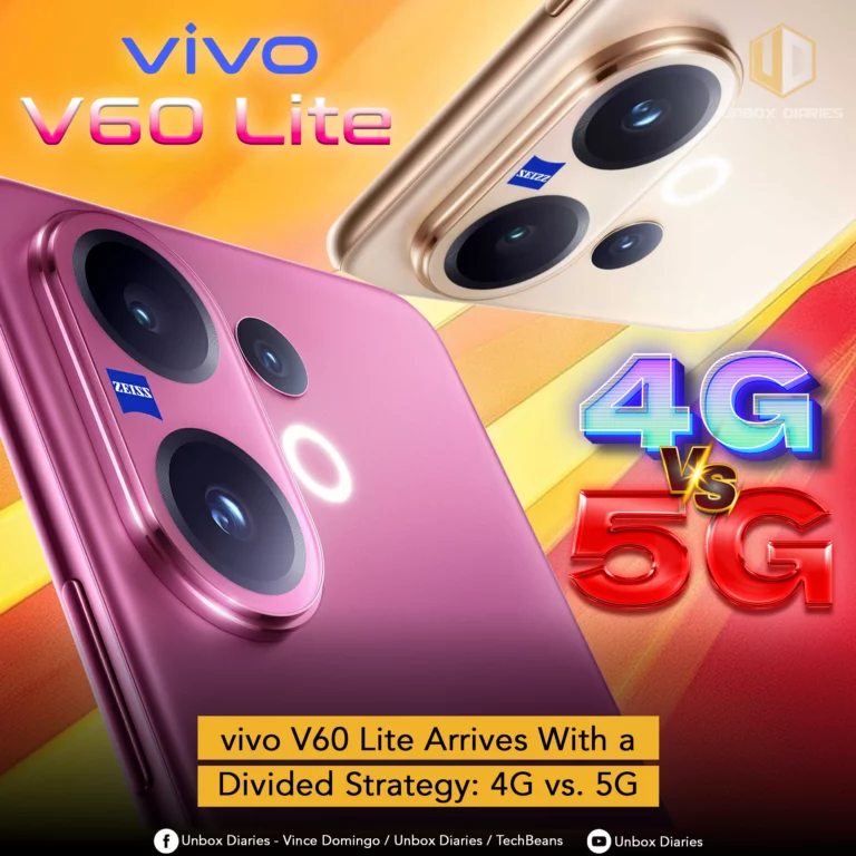 A graphic features two Vivo V60 Lite smartphones, with a magenta or fuchsia-colored phone in the foreground and a gold phone behind it. Both phones have large circular camera modules on the back with ZEISS branding. Large, stylized text reads "4G vs 5G." A yellow banner at the bottom of the image says, "vivo V60 Lite Arrives With a Divided Strategy: 4G vs. 5G." The "Unbox Diaries" logo is in the top right corner.