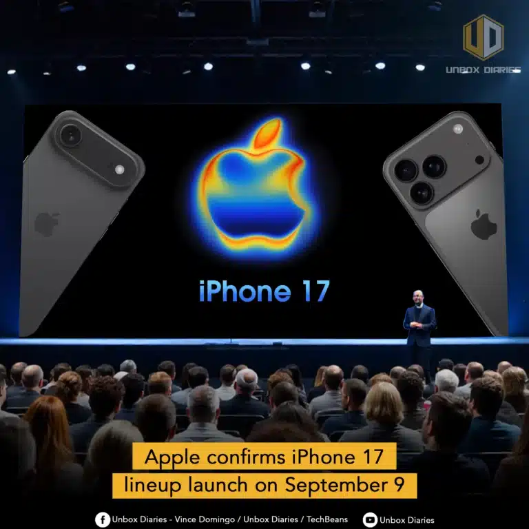 A promotional image from Unbox Diaries showing a large stage screen during what appears to be an Apple keynote event. The screen displays a colorful, glowing Apple logo with the text "iPhone 17" beneath it. On the left, a close-up of a single-camera iPhone 17 is shown, while on the right, a three-camera model is visible. A person, possibly an Apple executive, stands on stage presenting to a large audience. A yellow caption at the bottom reads, "Apple confirms iPhone 17 lineup launch on September 9." The Unbox Diaries logo is in the top right corner. Social media handles for Unbox Diaries and TechBeans are at the very bottom.