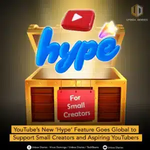 A stylized graphic showing an open treasure chest made of wood and gold. Glowing from inside the chest is the word "hype" in a large, blue, three-dimensional font. Above the "p" is a red, 3D YouTube play button, and a sparkling star is above the "e." A red sign hangs from the front of the chest with the words "For Small Creators" in white font. A yellow banner at the bottom of the image reads, "YouTube's New 'Hype' Feature Goes Global to Support Small Creators and Aspiring YouTubers." The Unbox Diaries logo is in the top right, with social media handles for Unbox Diaries and TechBeans at the very bottom.