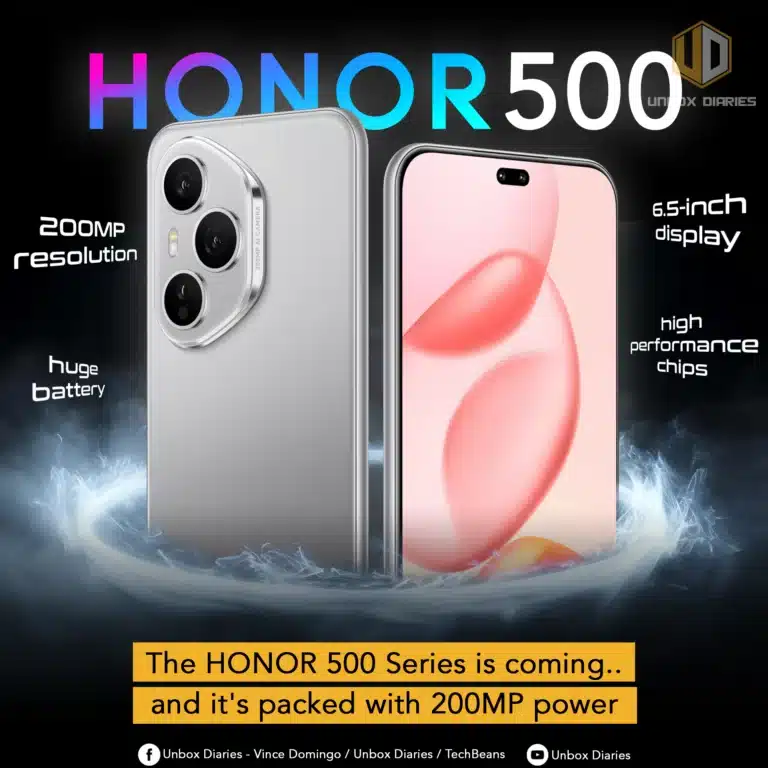 A futuristic-looking product announcement for the HONOR 500 smartphone. The words "HONOR 500" are in large, glowing letters at the top. Two versions of a silver phone, one showing the back with a triple-camera setup and one showing the front, are floating on a misty, electric-blue cloud. Text on the left side highlights the phone's features: "200MP resolution" and "huge battery." Text on the right side mentions a "6.5-inch display" and "high performance chips." A yellow banner at the bottom reads, "The HONOR 500 Series is coming.. and it's packed with 200MP power." The Unbox Diaries logo is in the top right, with social media handles at the bottom for Unbox Diaries and TechBeans.