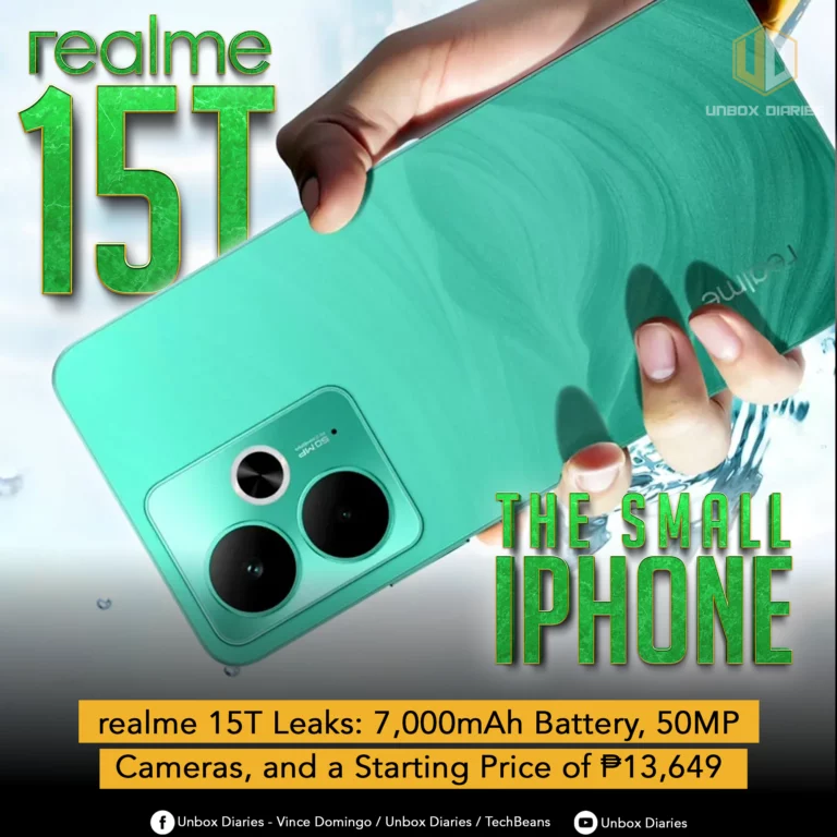 A marketing image for the realme 15T smartphone. The image shows a hand holding a mint green or turquoise-colored phone at an angle, with the back and side visible. The back of the phone features two large circular camera lenses. The text "realme 15T" is in large, green 3D letters in the top left, and the text "THE SMALL iPHONE" is in the bottom right, also in large, green letters. A yellow banner at the bottom reads, "realme 15T Leaks: 7,000mAh Battery, 50MP Cameras, and a Starting Price of ₱13,649." The Unbox Diaries logo is in the top right, with social media handles at the bottom.