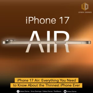 A promotional graphic for the iPhone 17 Air. The image is a close-up side view of a gold or beige smartphone, highlighting its thin profile. The word "AIR" is in large, bold, white letters, with the text "iPhone 17" above it, all set against a golden-brown background. A yellow banner at the bottom reads, "iPhone 17 Air: Everything You Need to Know About the Thinnest iPhone Ever." The Unbox Diaries logo is in the top right corner, with social media handles at the very bottom.