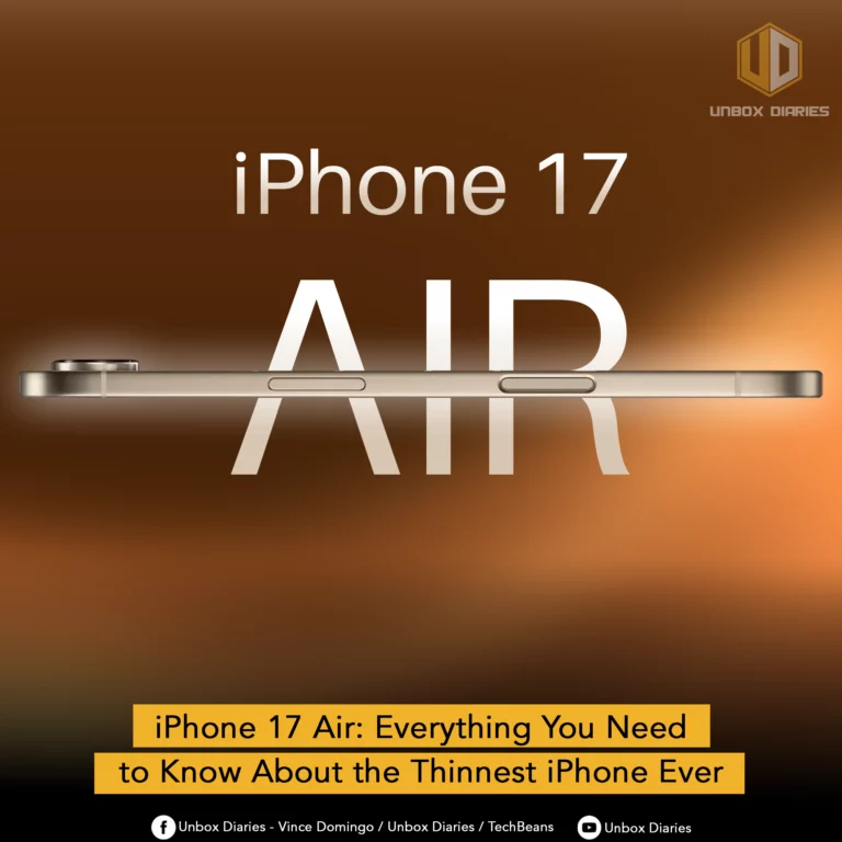 A promotional graphic for the iPhone 17 Air. The image is a close-up side view of a gold or beige smartphone, highlighting its thin profile. The word "AIR" is in large, bold, white letters, with the text "iPhone 17" above it, all set against a golden-brown background. A yellow banner at the bottom reads, "iPhone 17 Air: Everything You Need to Know About the Thinnest iPhone Ever." The Unbox Diaries logo is in the top right corner, with social media handles at the very bottom.