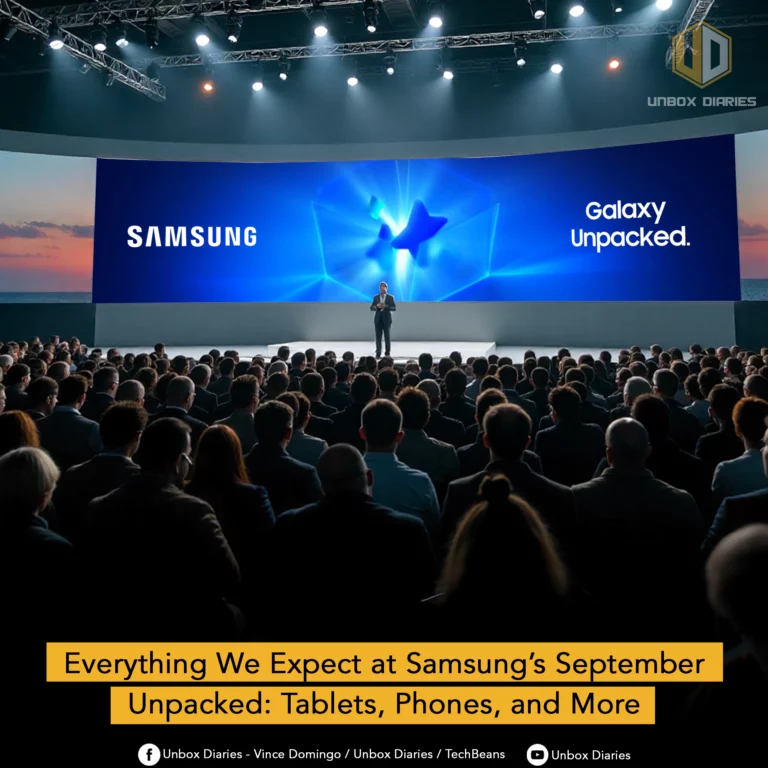 A photo taken from the audience at a Samsung Galaxy Unpacked event. A person, presumably a Samsung executive, is standing on a stage in front of a large screen. The screen displays the Samsung logo on the left and a large, glowing blue star in the center, with the words "Galaxy Unpacked." on the right. A large crowd of people, with their backs to the camera, is watching the presentation. A yellow banner at the bottom of the image reads, "Everything We Expect at Samsung's September Unpacked: Tablets, Phones, and More." The Unbox Diaries logo is in the top right corner, with social media handles at the bottom.