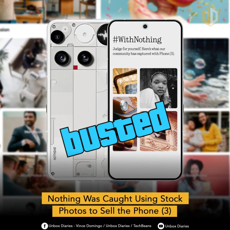 A digital graphic showing a back view of a white Nothing Phone (3) with its internal components visible, positioned next to the phone's front screen. The screen displays the same demo collage of five photos seen in a previous image, with the hashtag "#WithNothing." A large, blue, semi-transparent watermark text that reads "busted" is overlaid on the image. A yellow banner at the bottom of the graphic reads, "Nothing Was Caught Using Stock Photos to Sell the Phone (3)." The Unbox Diaries logo is in the top right corner, with social media handles at the bottom.