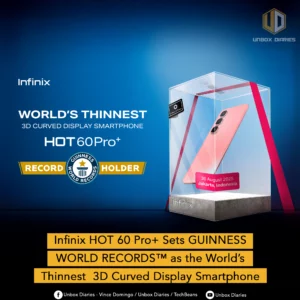 Official event photo celebrating the Infinix HOT 60 Pro+ Guinness World Record for the thinnest 3D curved display smartphone, with a temple in the background.