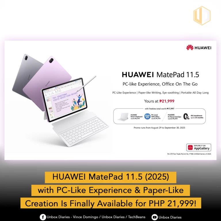 HUAWEI MatePad 11.5 tablet with keyboard and M-Pencil stylus. A white background displays the product name, features, and price of PHP 21,999.