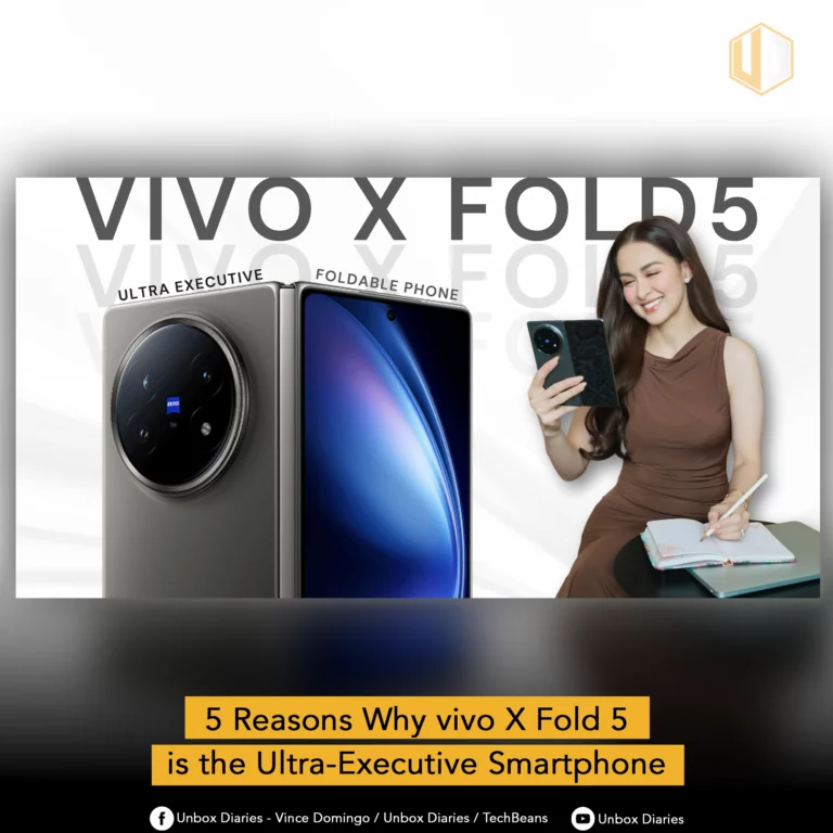 vivo X Fold 5 "Ultra-Executive Foldable Phone" ad, showcasing a woman using the device for productivity, highlighting its use for a business lifestyle.