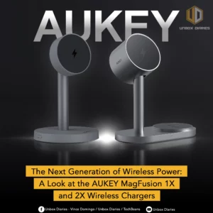 A promotional image for AUKEY, showcasing the MagFusion 1X and MagFusion 2X wireless chargers side-by-side on a dark gray background.