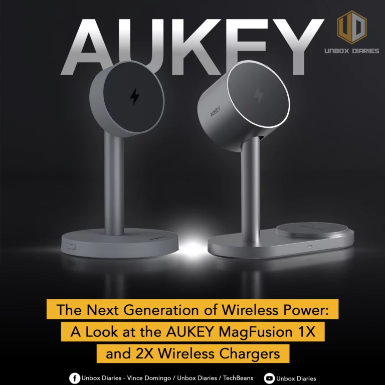 A promotional image for AUKEY, showcasing the MagFusion 1X and MagFusion 2X wireless chargers side-by-side on a dark gray background.