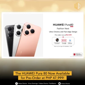 A promotional image from Unbox Diaries featuring the HUAWEI Pura 80 in three colors, advertising the pre-order price of PHP 47,999 and included freebies like the HUAWEI WATCH GT 5.
