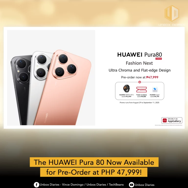 A promotional image from Unbox Diaries featuring the HUAWEI Pura 80 in three colors, advertising the pre-order price of PHP 47,999 and included freebies like the HUAWEI WATCH GT 5.