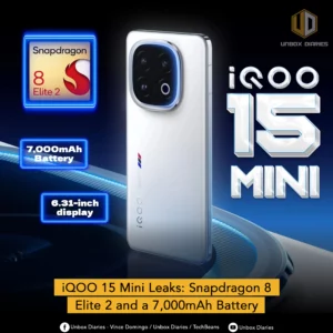 A promotional graphic for the iQOO 15 Mini phone, featuring a white smartphone with a unique multi-lens camera module. The image highlights three key features in separate text boxes: a Snapdragon 8 Elite 2 processor, a 7,000mAh battery, and a 6.31-inch display. A large text graphic to the right reads "iQOO 15 MINI," while a banner at the bottom says, "iQOO 15 Mini Leaks: Snapdragon 8 Elite 2 and a 7,000mAh Battery." The image background is dark with a glowing blue effect.