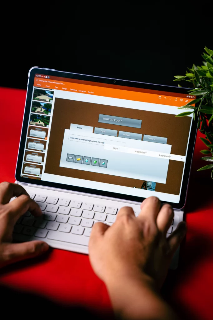 A person pointing to text on the screen of a HUAWEI MatePad 11.5, which is propped on a white smart keyboard and displaying a document in a PC-like layout.
