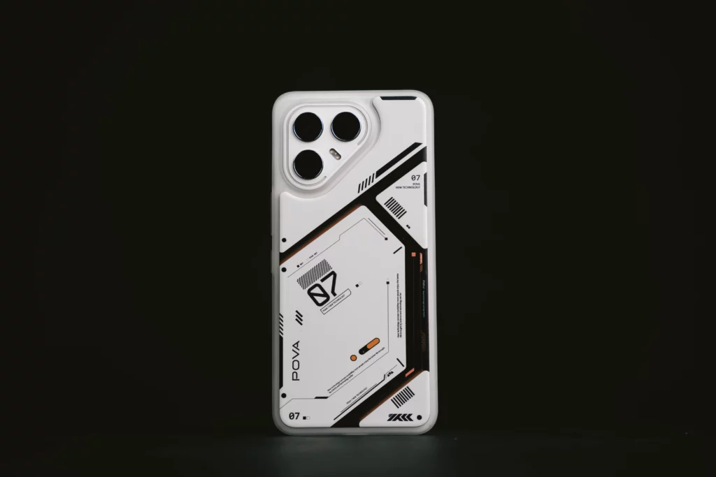 A close-up shot of a white phone case for the Tecno POVA 7 Ultra 5G, featuring a futuristic, geometric design with 'POVA' branding and the number '07'.