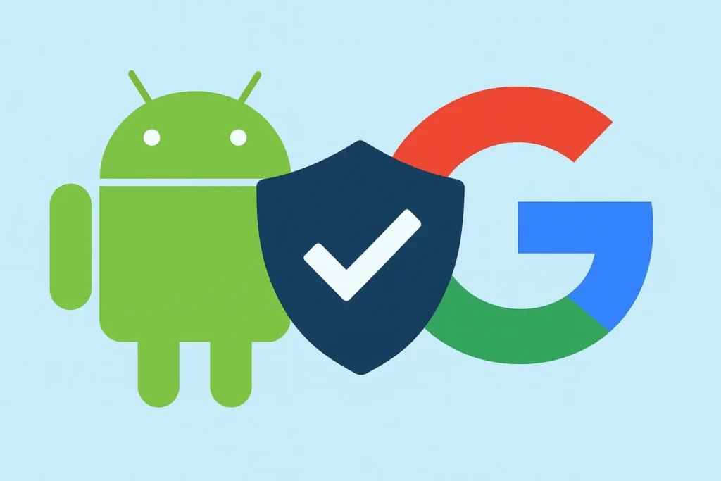 A minimalist graphic on a light blue background, showing three elements related to Android and Google security. On the left is the green Android robot mascot. On the right is a stylized, multicolored Google "G" logo. In the center, overlapping both the Android and Google logos, is a dark blue shield with a white checkmark. The overall image represents the security of Android powered by Google.