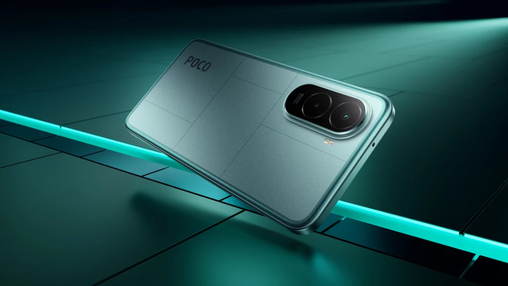 The back of a teal-colored POCO M7 smartphone, resting at an angle on a futuristic, glowing surface. The image emphasizes the phone's geometric back design and its dual-camera module.