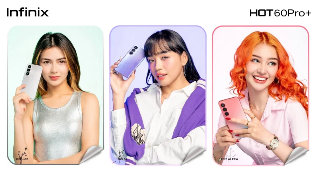 Portraits of three members of the P-pop group G22 (Jaz, AJ, and Alfea) holding the Infinix HOT 60 Pro+ in various colors, emphasizing the phone's stylish look.
