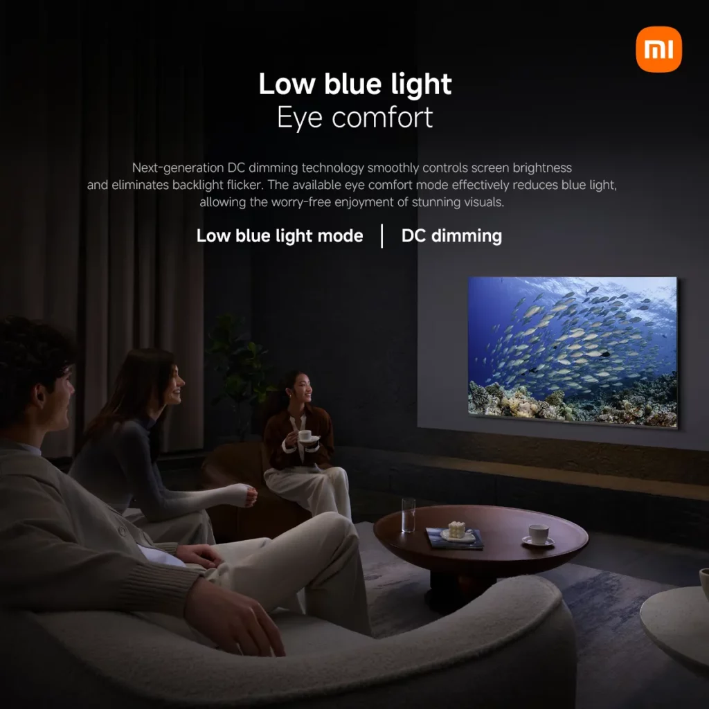 An image promoting the low blue light and eye comfort features of a Xiaomi TV, showing three people comfortably watching a movie about fish while the text describes the DC dimming technology.