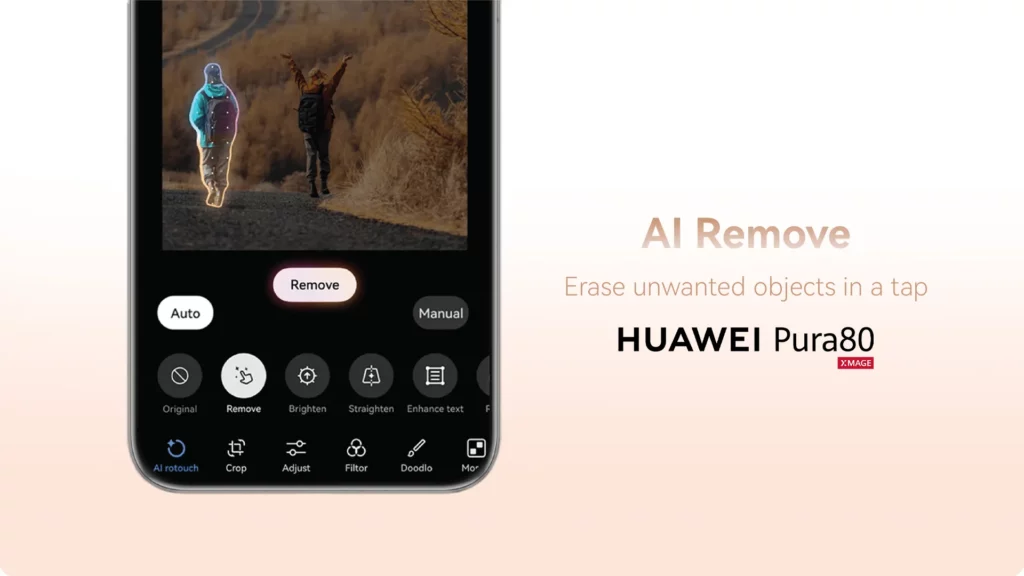 A close-up of the HUAWEI Pura 80's screen, showing the AI Removal photo editing feature in use, with an outline around an unwanted object to be erased.