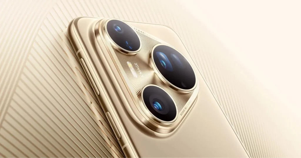 An extreme close-up, angled shot of the HUAWEI Pura 80 Ultra's gold-colored camera module. The image highlights the detailed, textured surface and the three distinct camera lenses, with light reflecting off the glass and metal.