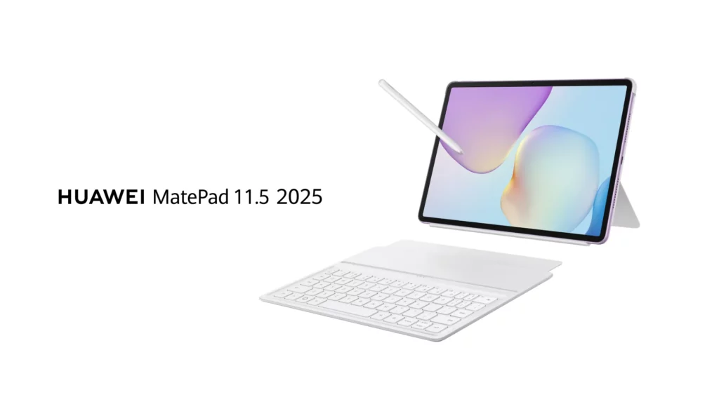 A purple HUAWEI MatePad 11.5 (2025) with a HUAWEI M-Pencil floating above the screen, paired with a white detachable keyboard in the foreground. The image highlights the tablet's design and key accessories on a white background.