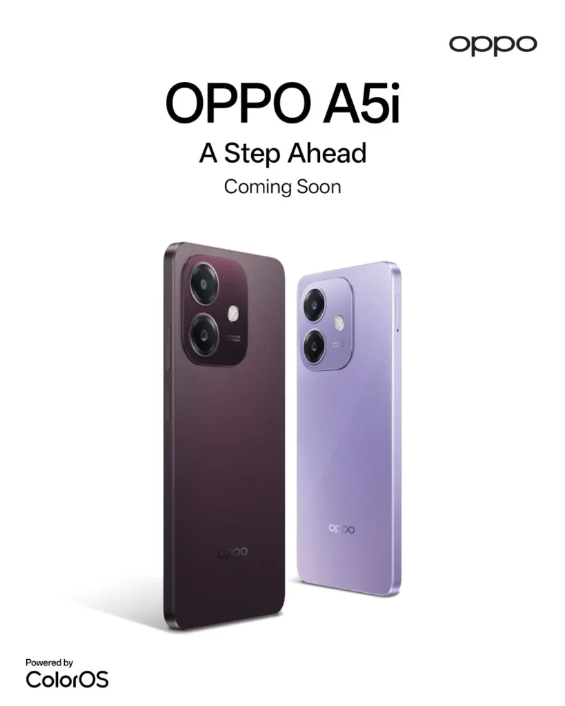 An advertisement for the OPPO A5i smartphone, with the tagline 'A Step Ahead, Coming Soon.' The image shows two phones from the back, one in a dark plum or maroon color and the other in a light lavender purple, standing upright against a white background. The OPPO logo is visible at the top right and 'Powered by ColorOS' is at the bottom left.